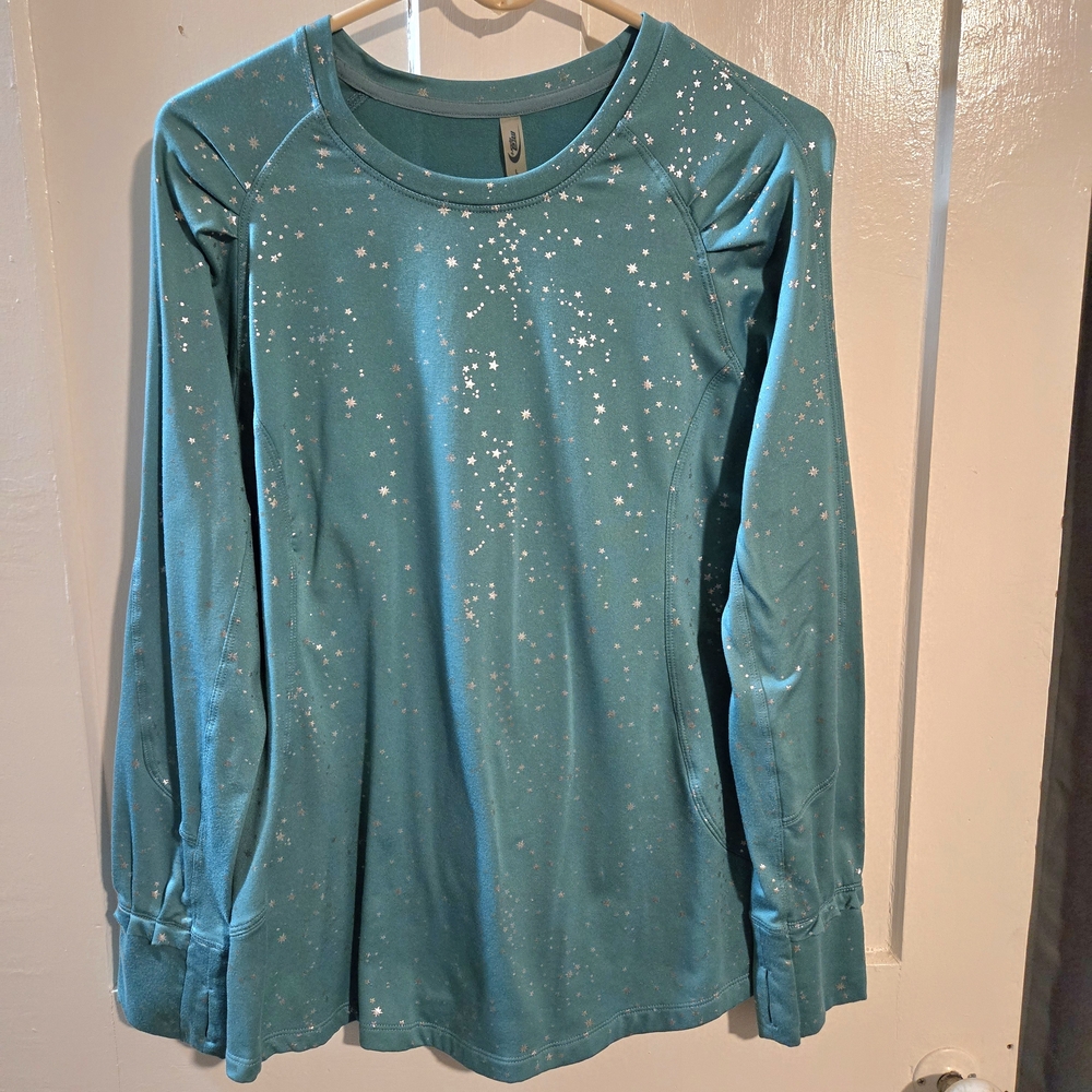 MTA Sport Teal Starry Long Sleeve Shirt Size Large Silver Metallic Stars Ruffles - Picture 3 of 10